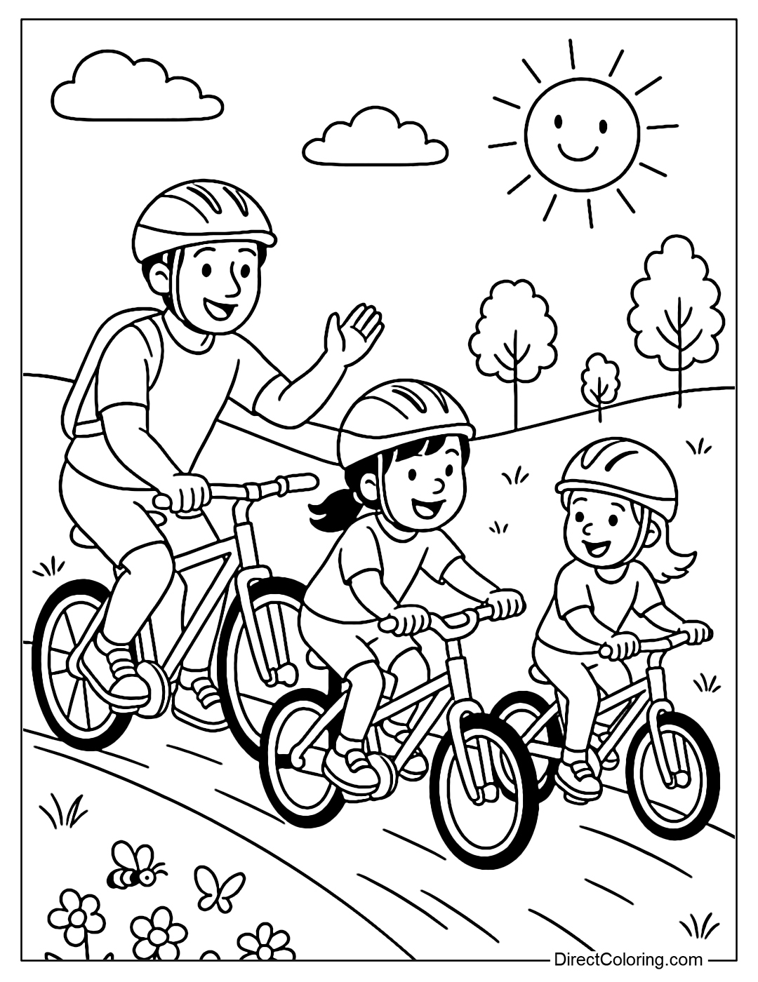 A coloring page of a family cycling up a gentle hill, parents cheering for their child, the background is a grassland.